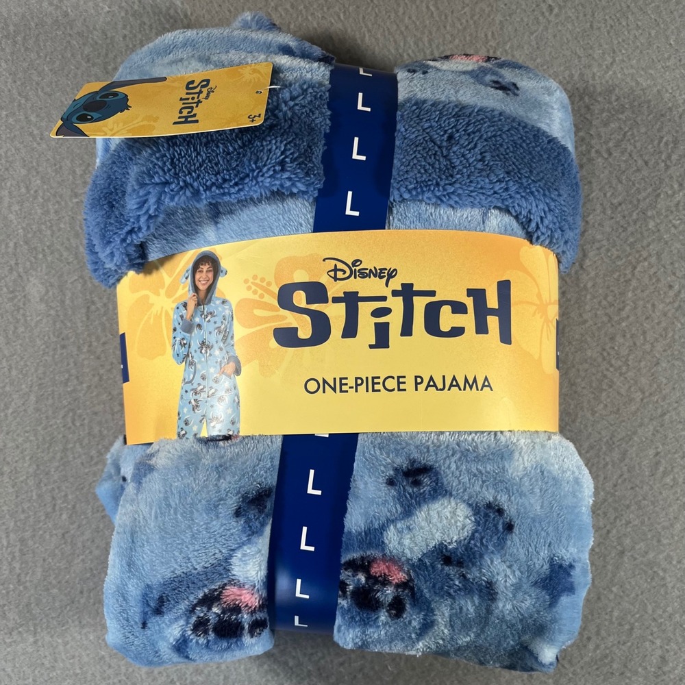 NWT Disney Stitch One Piece Pajama Union Suit Blue Fleece Hooded‎ Womens Large - Picture 1 of 5